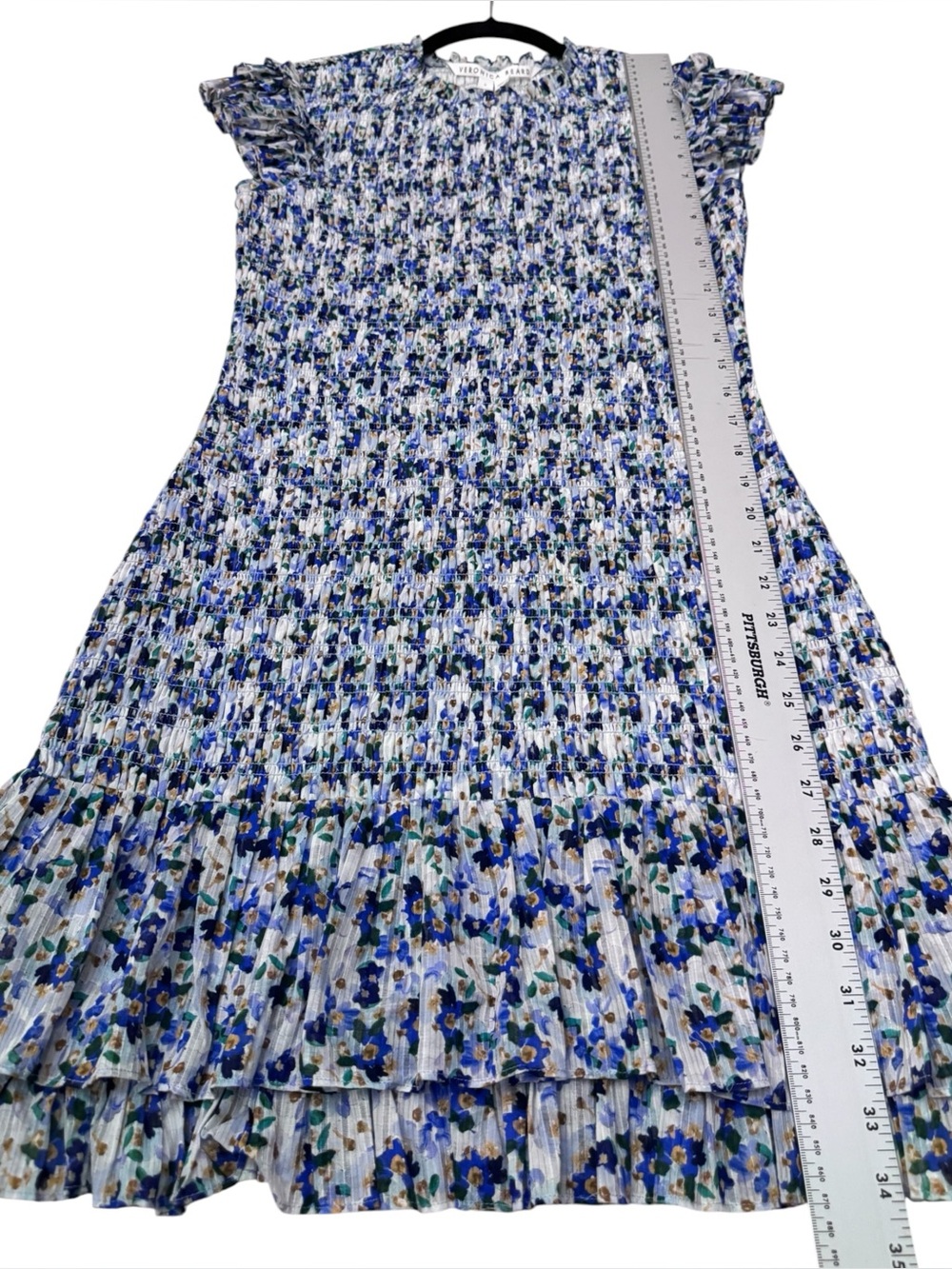 Veronica Beard Blue Floral Smocked Mini Dress Ruffle Sleeve Tiered Cotton Size 2 - Picture 9 of 11